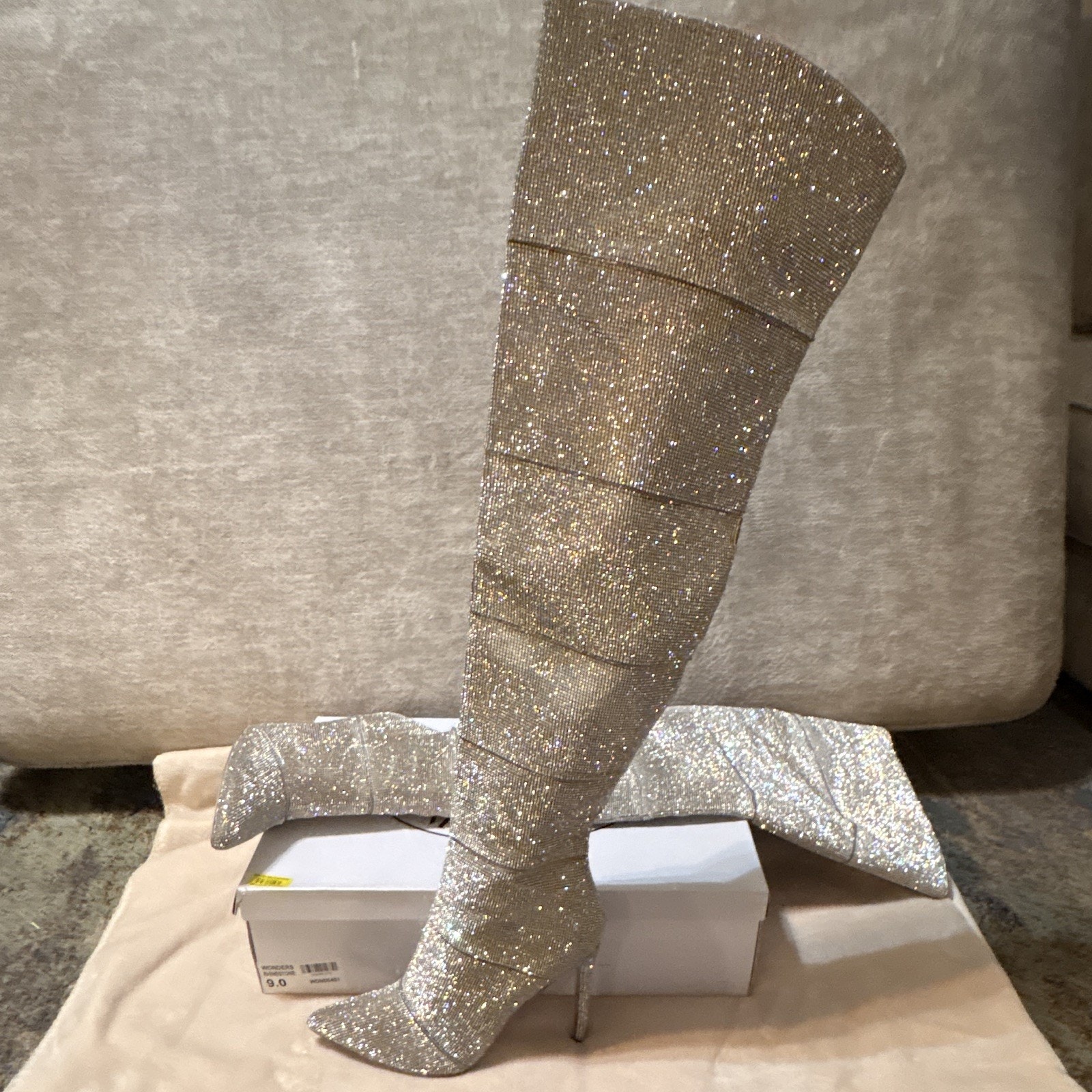 Steve Madden Wonders Silver Rhinestone Thigh High Pointed Toe Stiletto Zip 9
